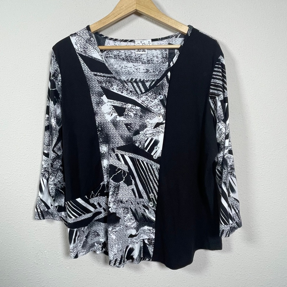 Parsley & Sage Tunic Top Womens XL Black White Art to Wear Button 3/4 Sleeve
